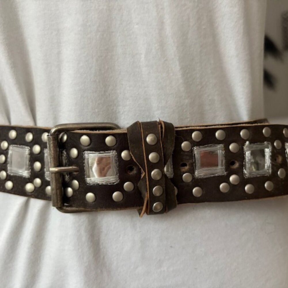 Brown leather belt with studs and mirror squares.
